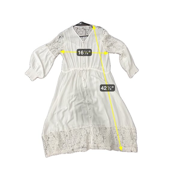 White Lace Boho Long Dress Button Front Drawstring Waist Beachy Coastal Sz - Picture 5 of 7